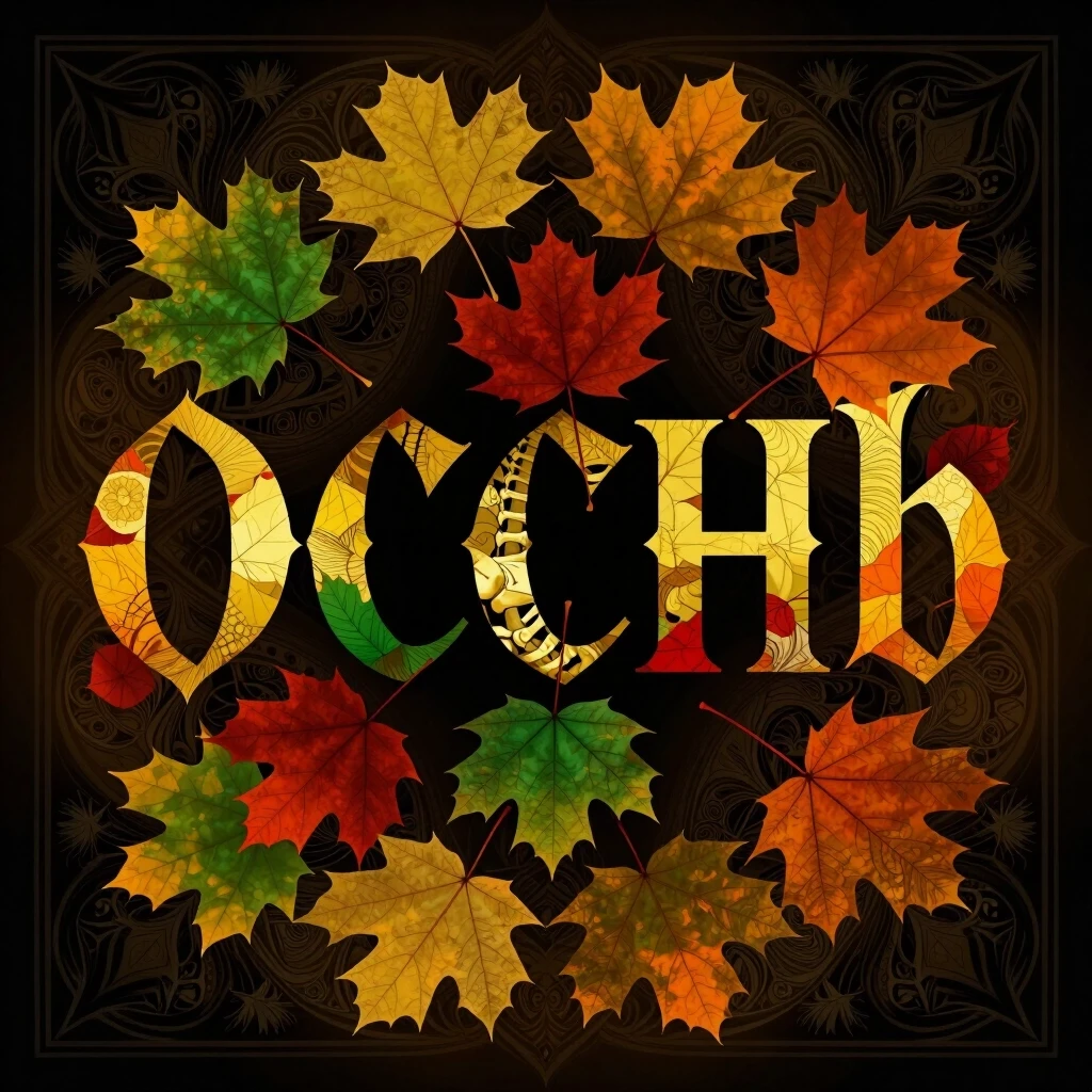 Digital image with double exposure and overlay of layers and textures. Vector graphics. The word "OCEHb" is made of gold, crimson and green skeletonized textured…
