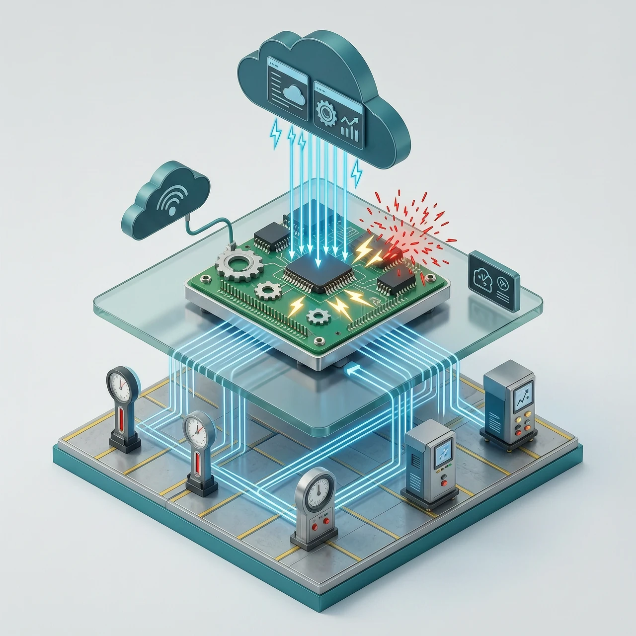 Dynamic 3D infographic of Edge Computing architecture for building management, in isometric view. Bottom layer: realistic industrial sensors (thermometers, pressure gauges,…