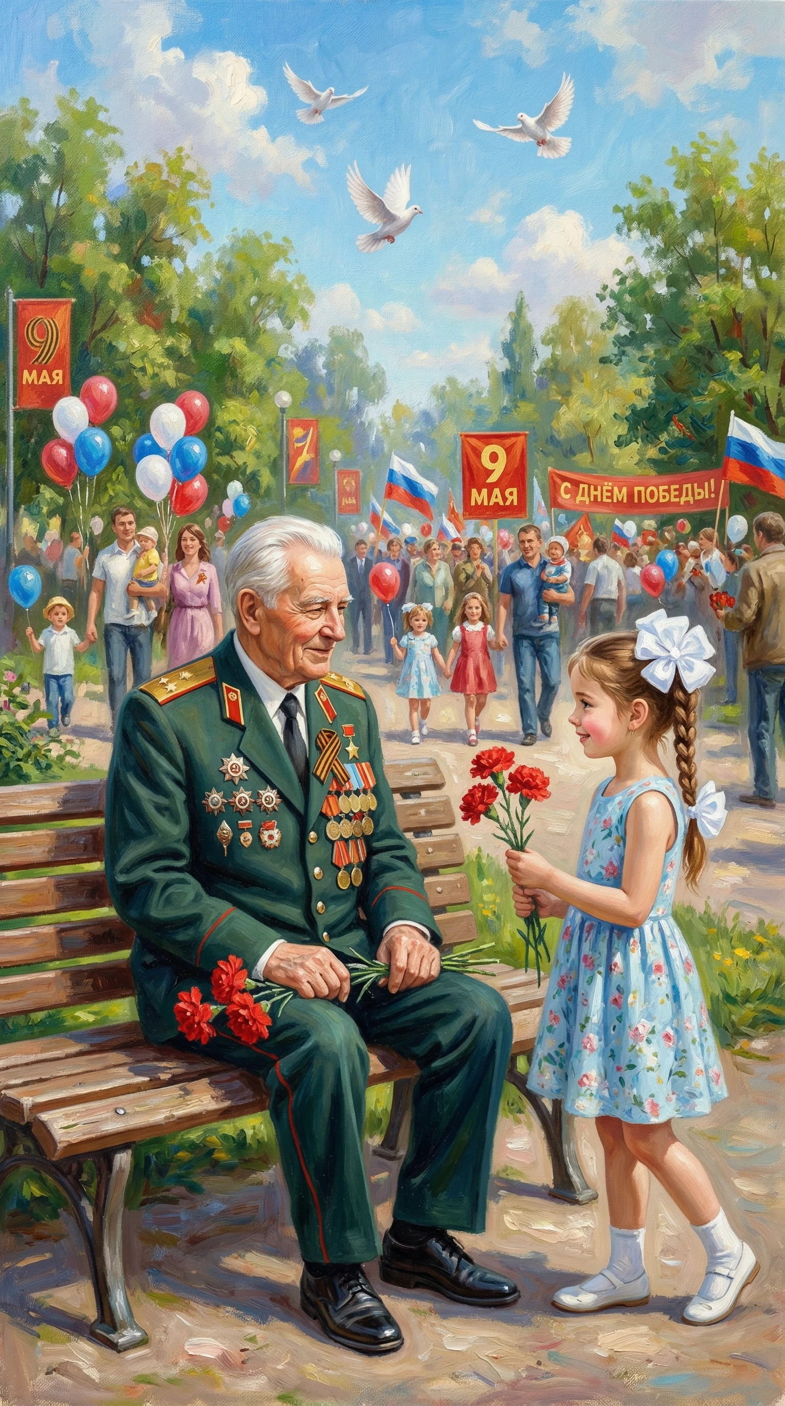 Create a greeting card illustration for Victory Day (May 9th) in the style of oil painting, featuring soft, visible brushstrokes and a painterly texture.Foreground (detailed,…