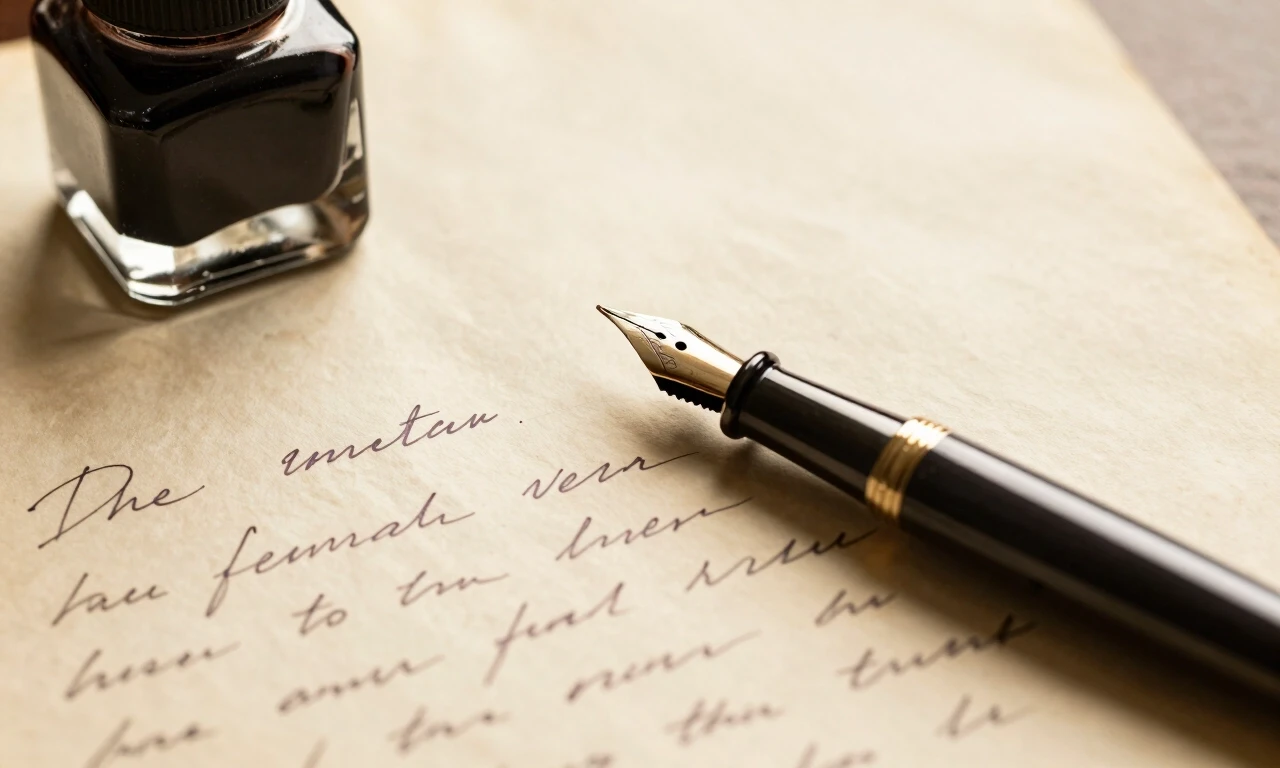 Close-up of handwritten vintage letter, fountain pen, ink bottle, aged paper texture, warm sepia lighting — работа пользователя Необыкновенный Фенрир