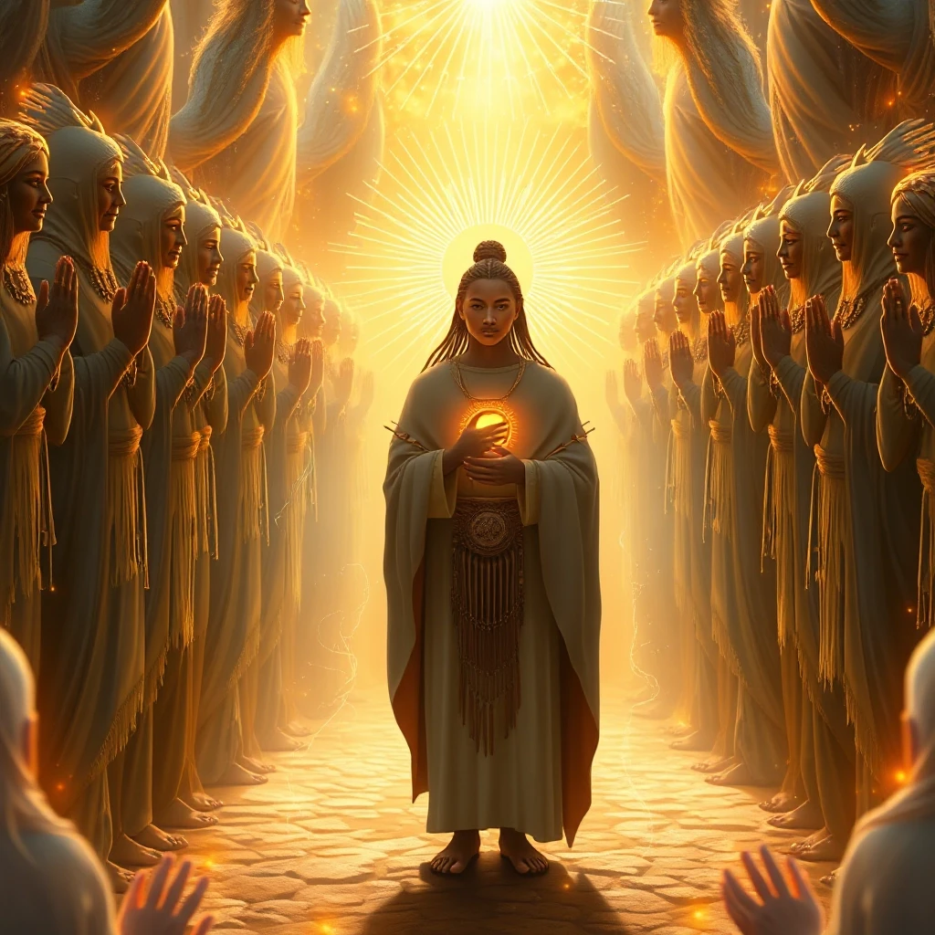 Digital art. A descendant standing in the center, surrounded by many glowing ancestral figures forming a protective circle. They gently embrace him, sending warm golden light…