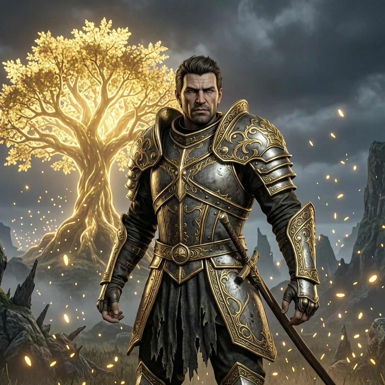 Medium shot of a warrior with the facial features of the man in the photo, athletic build, wearing ornate heavy knight armor with gold filigree and tattered dark fabric,…