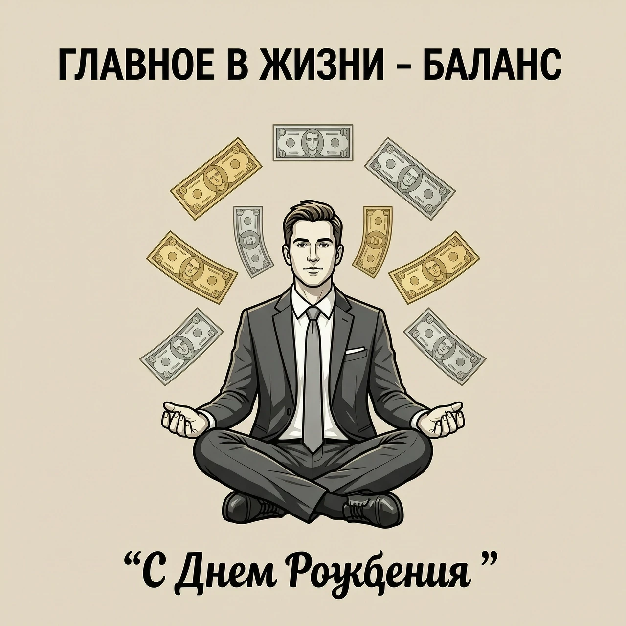На изображении представлен белый мужчина в офисном костюме, сидящий в классической позе лотоса. Вокруг медитирующего мужчины в воздухе парят денежные купюры различных номиналов.…