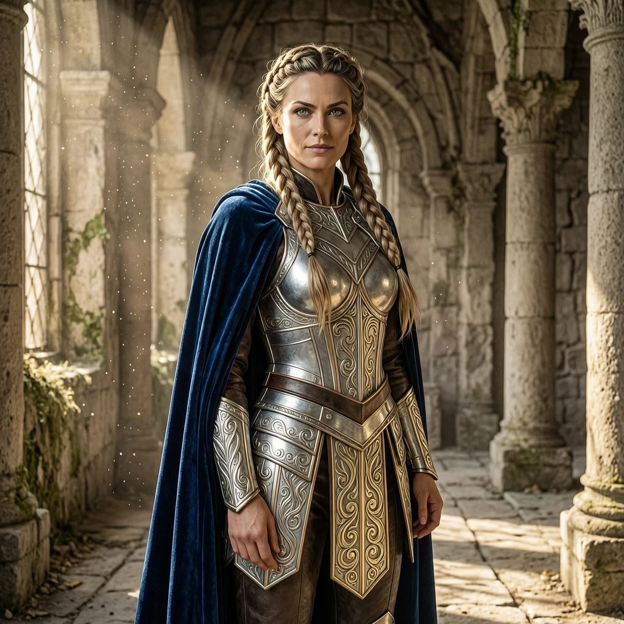 A portrait of a stunning fantasy warrior woman, wearing intricate silver and gold filigree armor, a flowing velvet cloak. She has long braided hair, piercing eyes, and a…