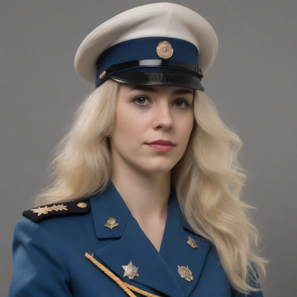 Женщина 30 лет, блондинка. Одета в голубую военную форму, но без медалей, погон и знаков отличия — работа пользователя Уникальная Галактика