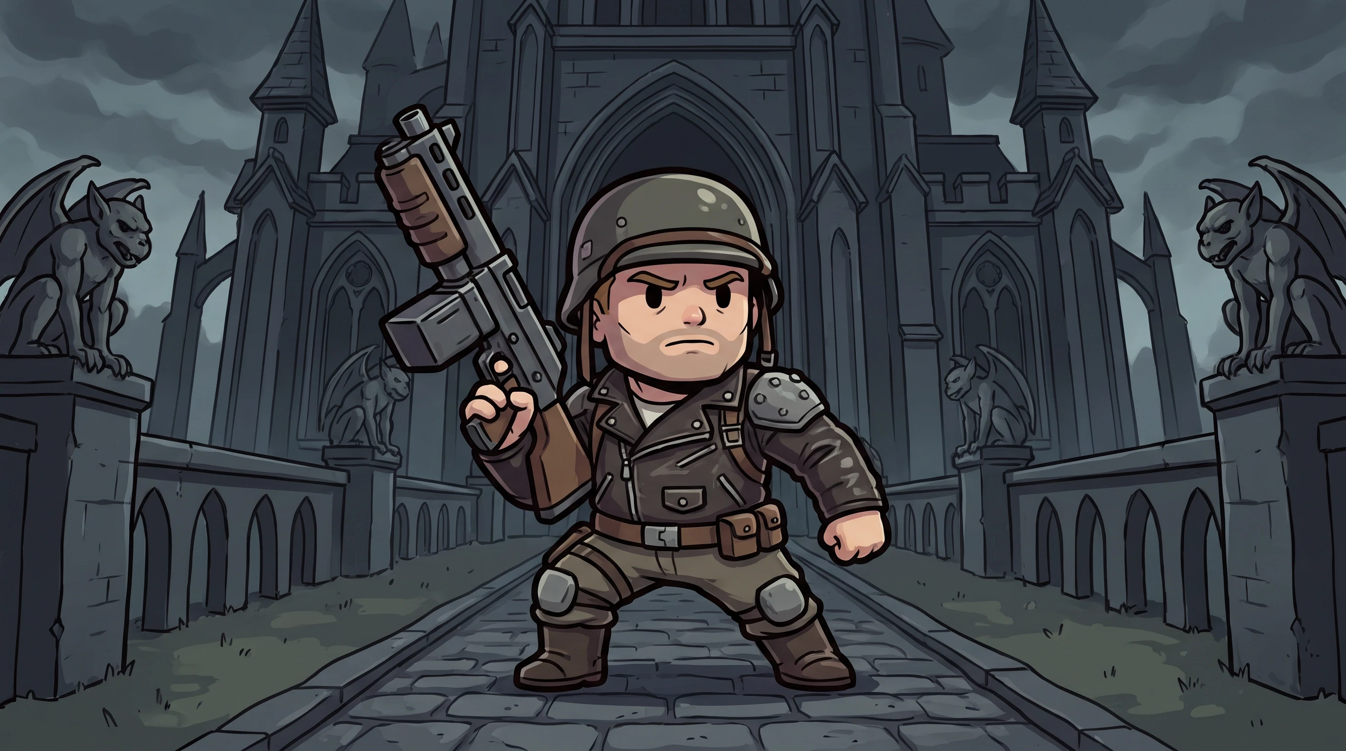 Wolfenstein (Игра), Би Джей Бласковиц в боевой стойке, на фоне готического замка, стиль чиби — работа пользователя Весенний Герой