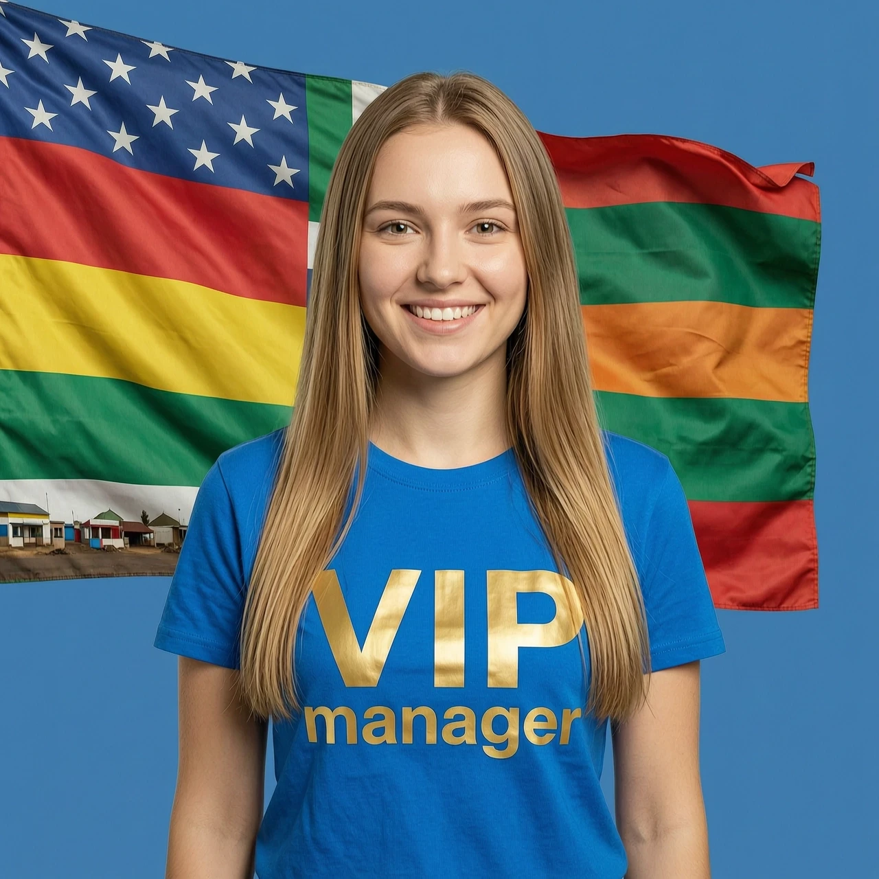 Realistic portrait of a beautiful smiling European woman with long light brown straight hair. She is wearing a bright blue t-shirt with a large white phrase "VIP…