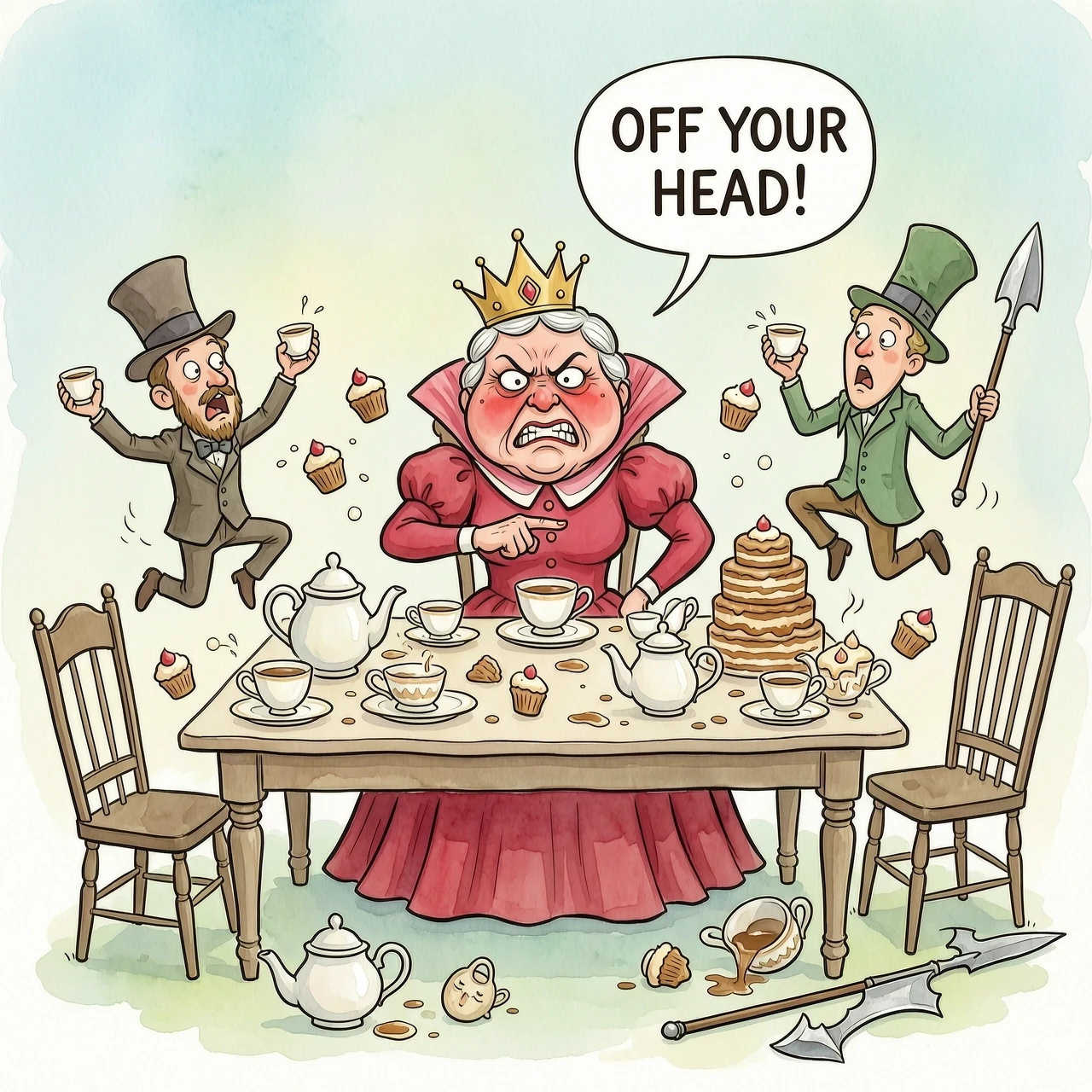 (masterpiece:1.8, acrylic painting:1.5, best quality:1.6, ultra-detailed:1.6). A bizarre and funny image (of the Queen of Hearts), who, sitting at a crazy tea table, angrily…