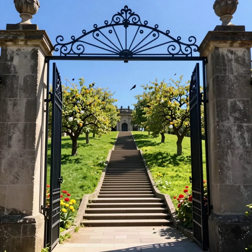 The staircase recedes into the distance towards the gate. Beyond the gate is a sunny meadow, blue sky, fruit trees, birds, and flowers. — работа пользователя Кристаллический Шаман