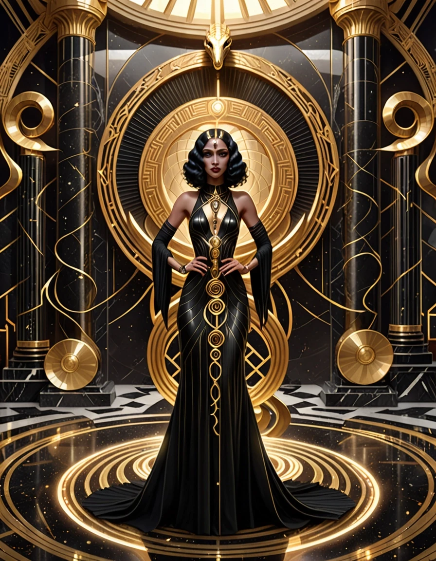 A mysterious woman in a luxurious black Art Deco gown stands inside an opulent occult hall, holding a magnificent golden serpent with intricately crafted metallic scales. The…