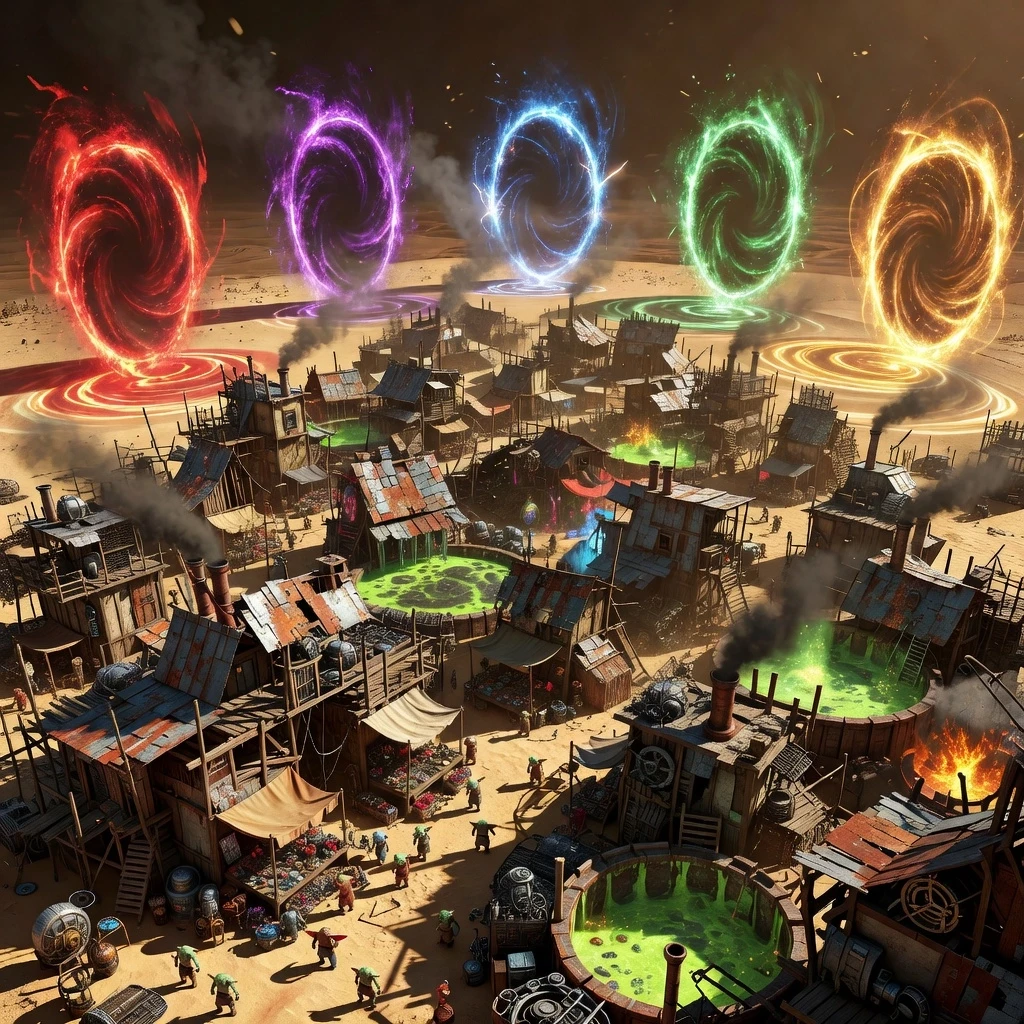A sprawling, chaotic goblin settlement inspired by Gadgetzan from World of Warcraft, characterized by makeshift scrap-metal architecture, rickety wooden scaffolding, and…