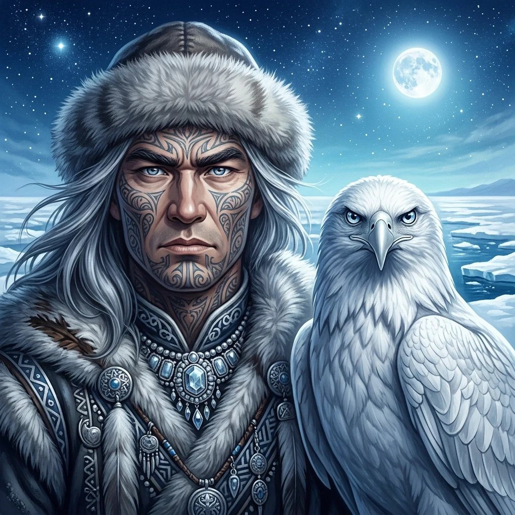 In the painting, we see a man with an eagle sitting next to him. The man looks stern and determined, with thick eyebrows and attentive silver-blue eyes. Ice floes and snow will…