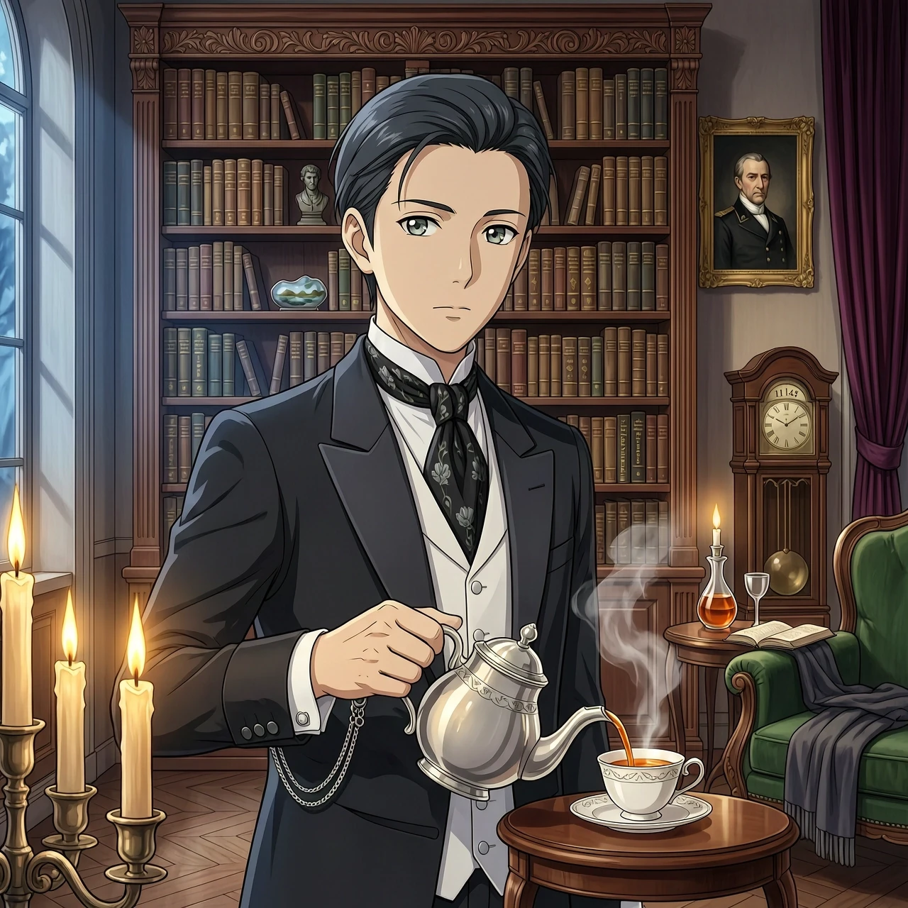 A high-quality anime-style illustration depicting a young man with noticeably ash-pale skin and a refined appearance, dressed in aristocratic Victorian-era attire. His graceful,…