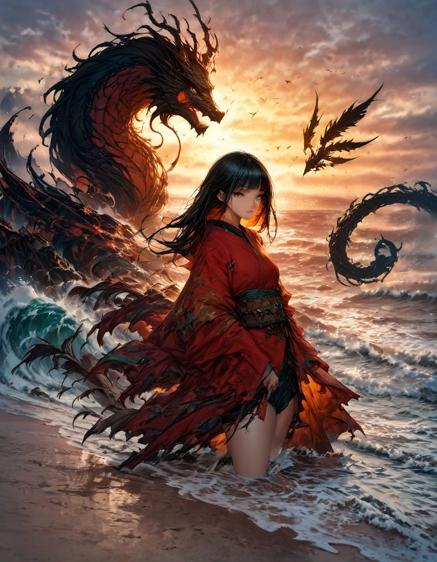 Digital Art, Fantasy Book Cover, Mysterious Atmosphere, High Detail, 8k Сюжет: Девушка с длинными черными волосами в красном кимоно Фон: Волны моря, бьющиеся о берег; небо…