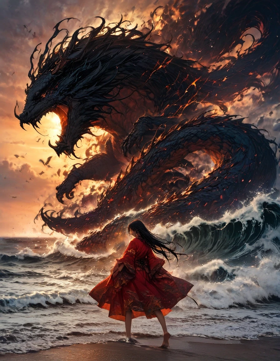 Digital Art, Fantasy Book Cover, Mysterious Atmosphere, High Detail, 8k Сюжет: Девушка с длинными черными волосами в красном кимоно Фон: Волны моря, бьющиеся о берег; небо…