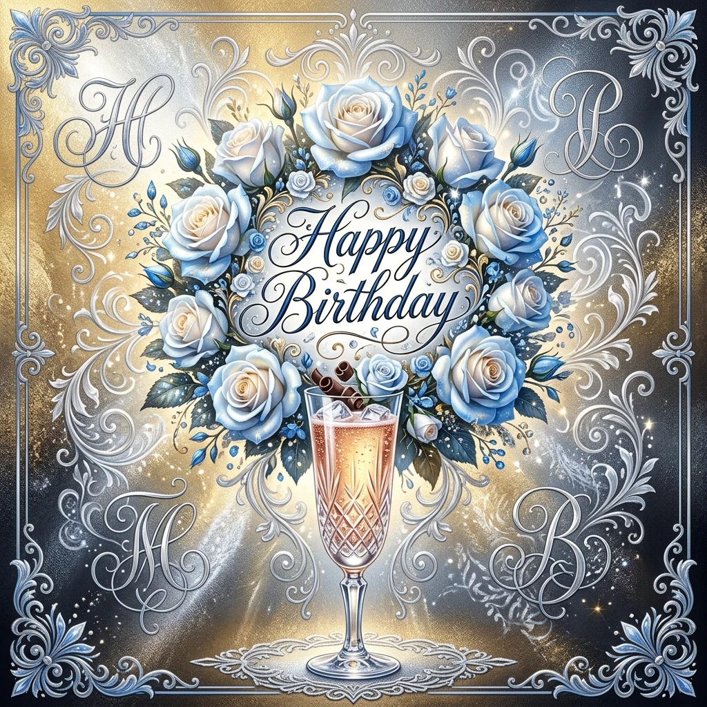 (Crystal tall glass):champagne with ice cubes and chocolate.(Birthday greeting card) Postcard design: blue and black with ((decorated with silver curls, monograms in a summer…