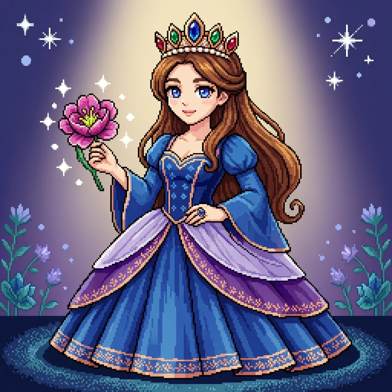 32-bit pixel art, fantasy princess, flowing gown, intricate crown, holding a flower, serene expression, vibrant colors — работа пользователя Изящная Дриада