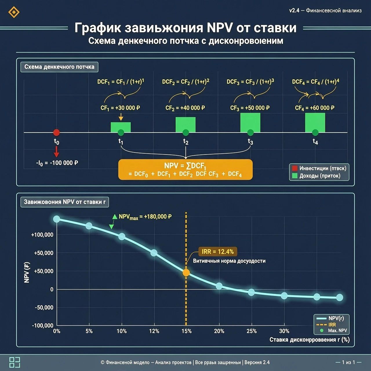 Сгенерируй картинку разрешения 200 на 900: схема денежного потока с выделенными этапами дисконтирования / график зависимости NPV от ставки — работа пользователя Огромный…