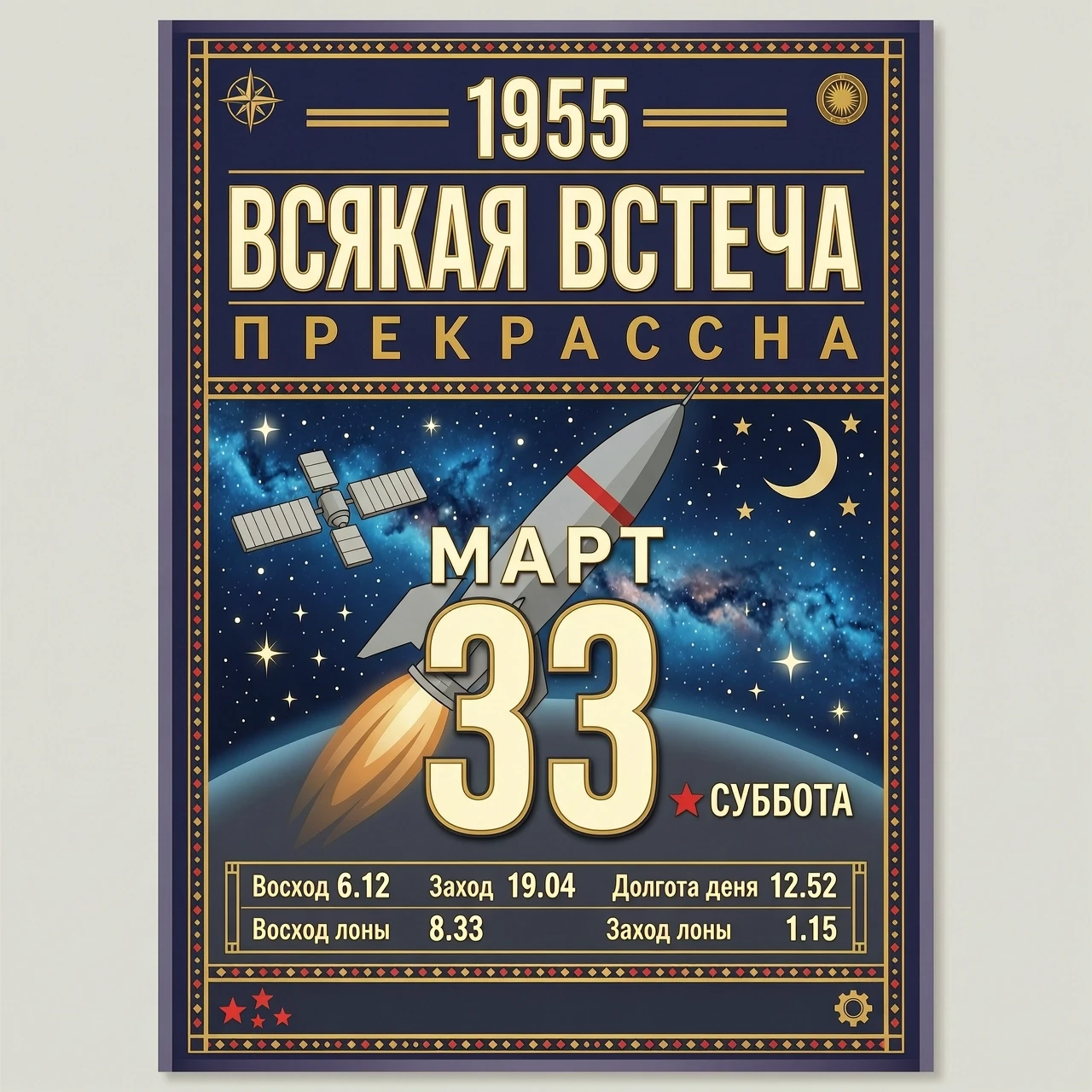 1955 В С Я К А Я В С Т Р Е Ч А | | П Р Е К Р А С Н А | | | | | | М А Р Т | | | | 33 СУББОТА | | | | | | Восход 6.12 Заход 19.04 Долгота дня 12.52 | | | | Восход луны 8.33 Заход…