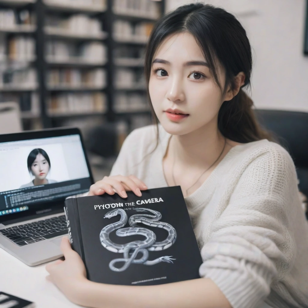 Photorealistic girl presenting a book titled “PYTHON” toward the camera, the book taking up a large part of the frame, title fully readable and centered. Modern IT workspace,…