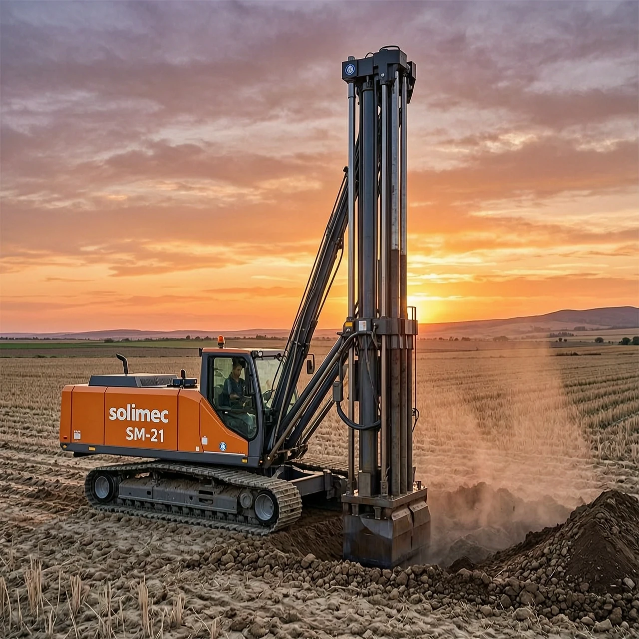 картина с буровой установкой soilmec SM-21 в поле, где она бурит грунт, а на заднем фоне красивый закат — работа пользователя Искрящаяся Река