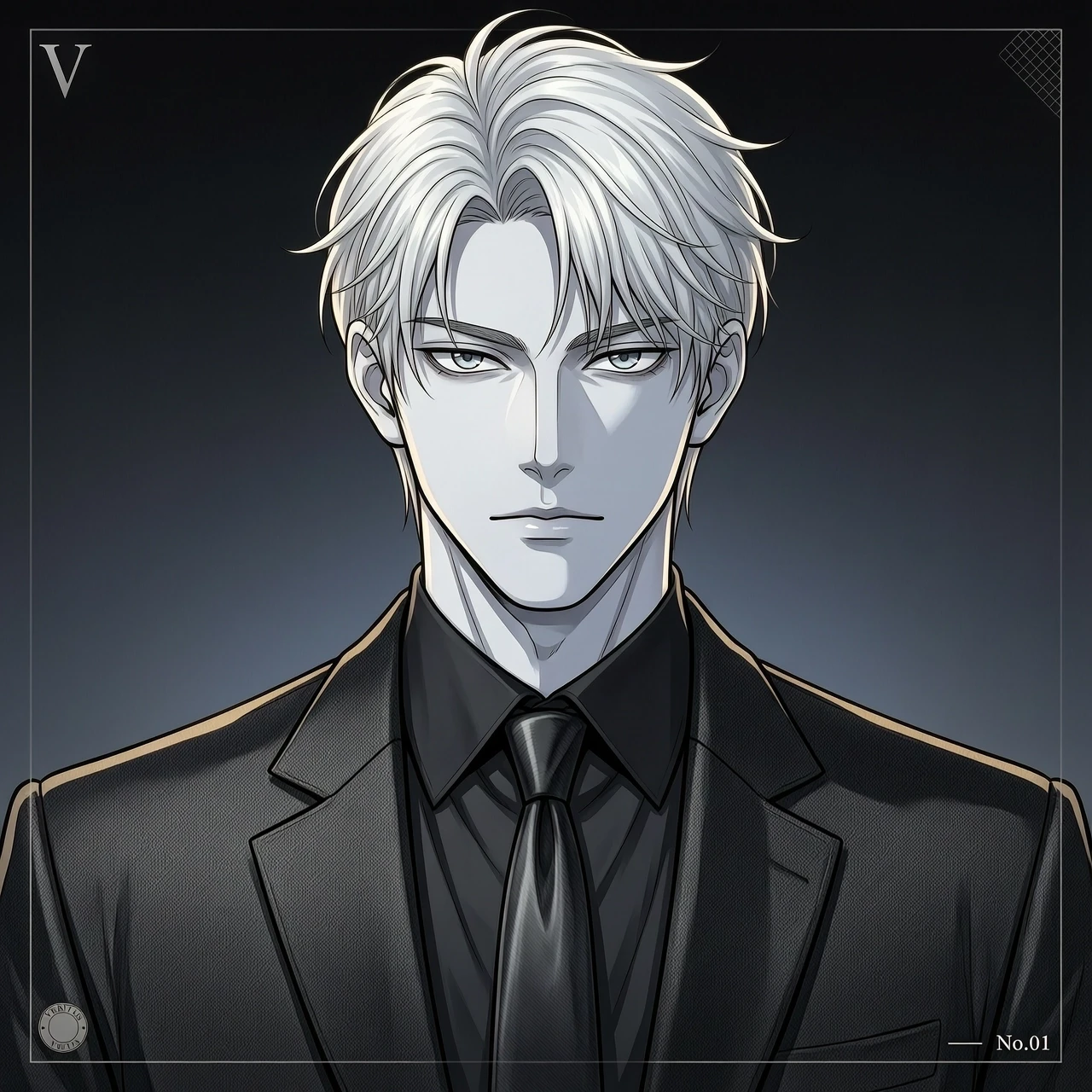 High-quality 2D digital anime art, webtoon style, manwha aesthetic. A stunningly handsome, dominant young alpha man with flawless pale skin and piercing, sharp light grey eyes.…