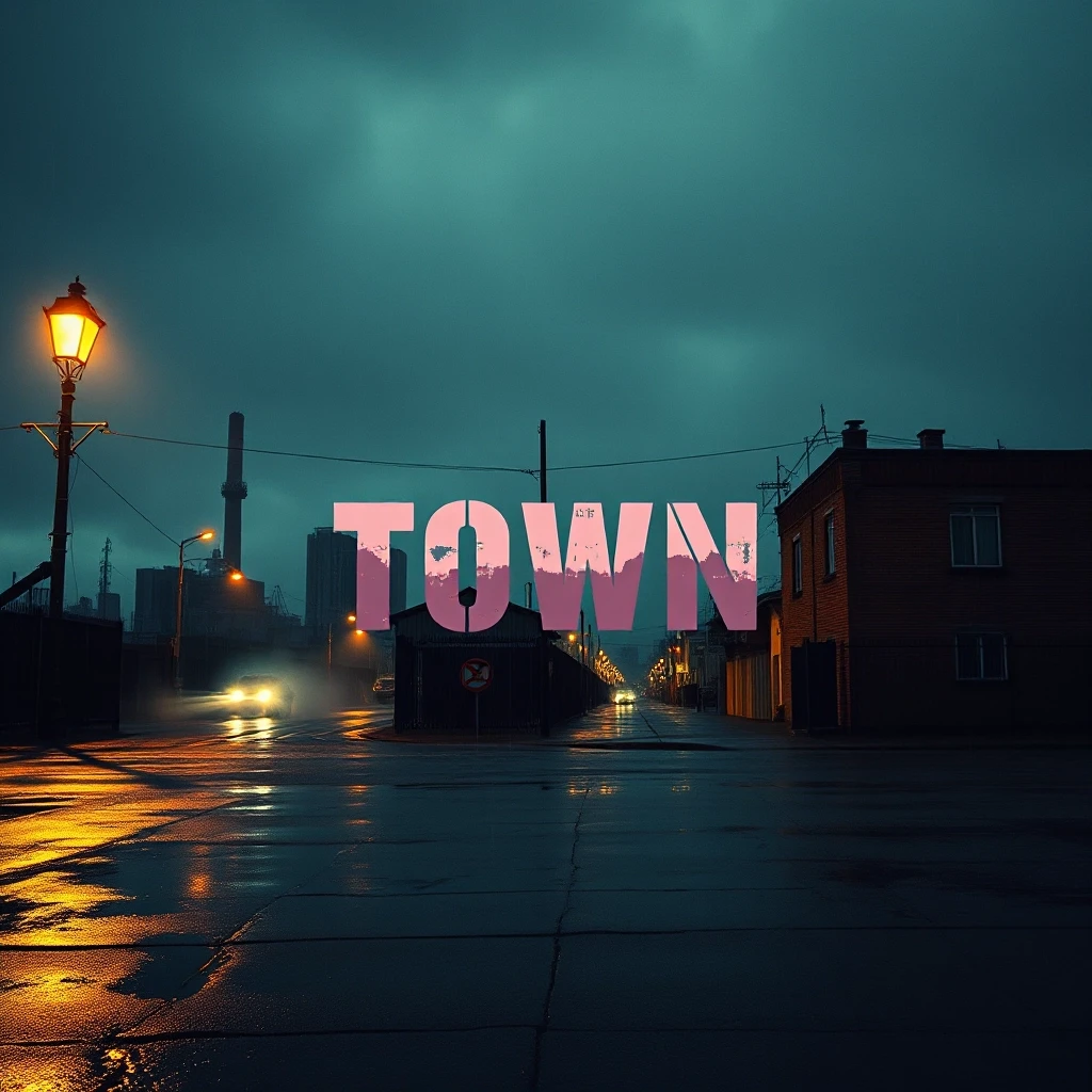 Album cover for a phonk track titled "Town", 1024x1024 pixels. Cinematic view of a menacing Eastern European or American industrial city skyline at 3 AM under heavy…