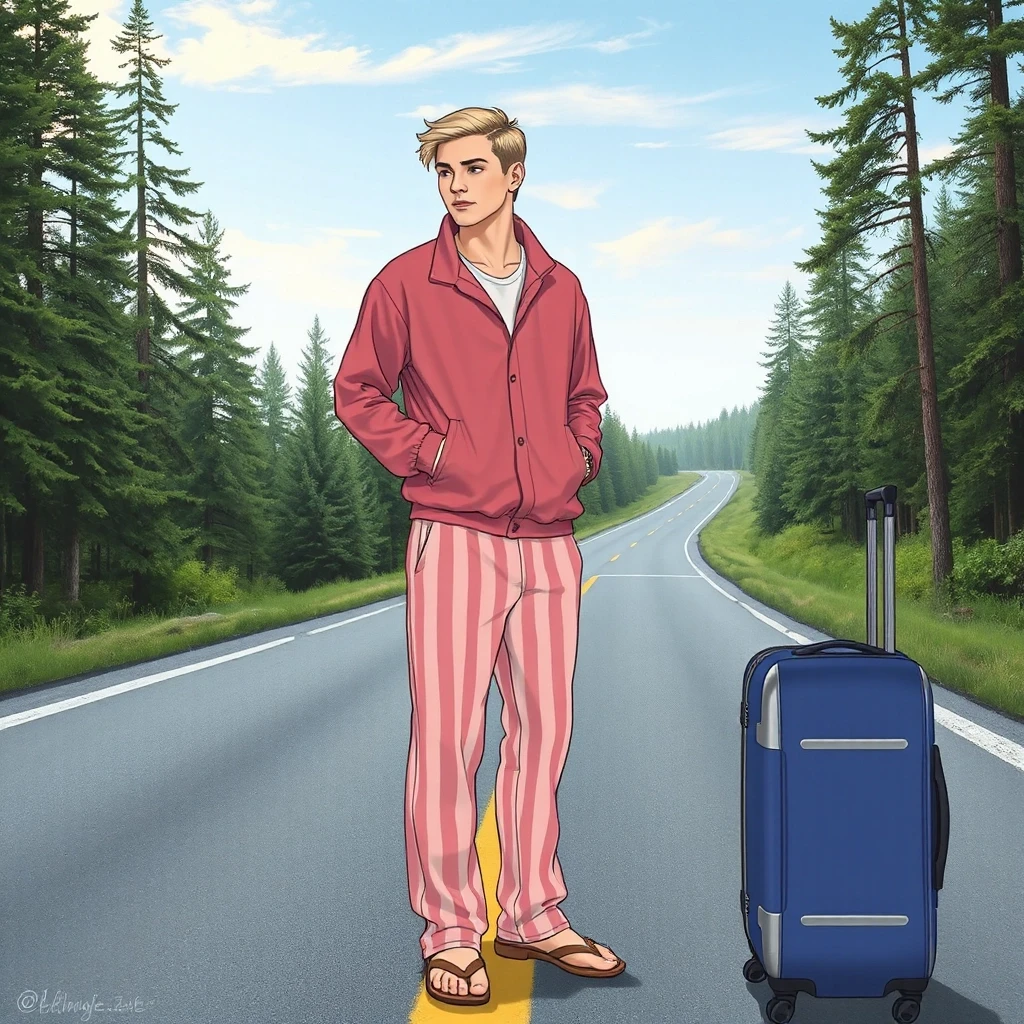 A mystical illustration of a handsome young man in his 20s with blond hair and eyes standing on a highway in the middle of a pine forest. He's wearing striped pajama pants…