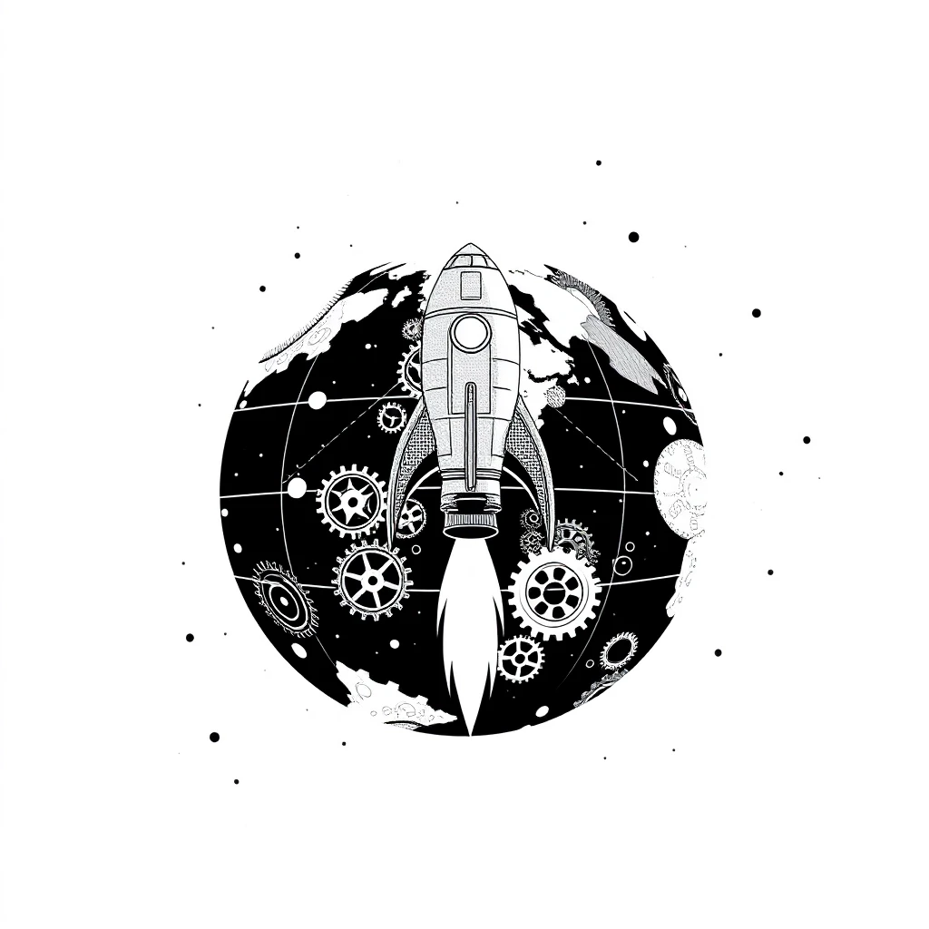 черно-белая картинка. фон абстрактный: космос, земля сделана из шестеренок, космическая ракета в виде чертежа нарисована на этом фоне — работа пользователя Магическая Река