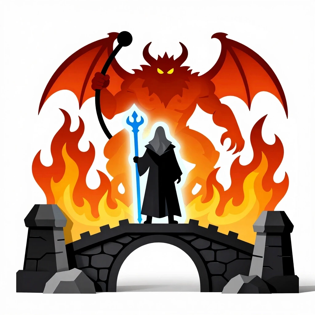 Lord of the Rings scene, Gandalf the Grey standing on Khazad-dum bridge with his back to the viewer, glowing blue staff, fiery Balrog with sword and whip in front, view from…