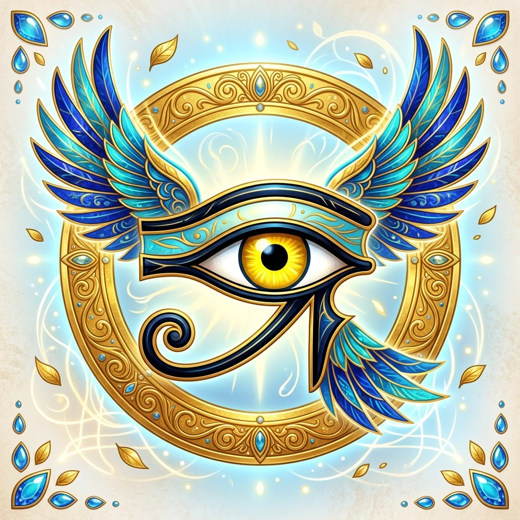 This is a bright and dynamic image made using digital graphics technology. It is a stylized eye of Horus enclosed in a golden circle. Design elements:The central element: The…