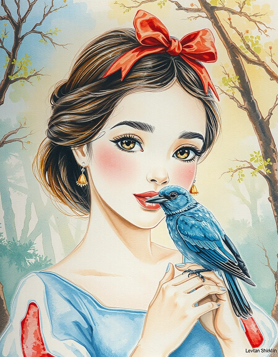 A masterpiece. Creating an image. The style is watercolor painting. Delicate watercolor on raw material.((Snow white with white delicate skin, expressive eyes, clear facial…