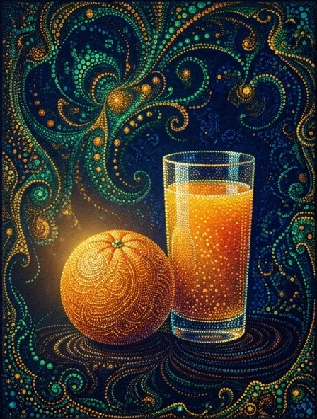 Digital Pointillism Image. A glass of bright tropical juice and an orange created from carefully arranged coloured dots on a textured canvas:: (complex pattern: 1,4) of dots and…