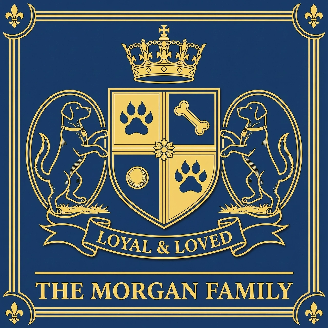 Design an elegant heraldic family crest in classic coat-of-arms style, featuring a loyal pet dog as a heraldic supporter standing on its hind legs beside a shield (in the…