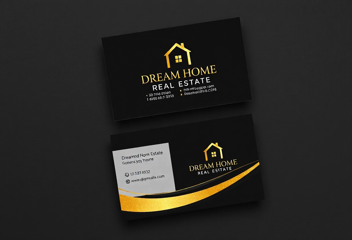 визитная карточка, логотип Dream Home REAL ESTATE со стилизованной золотой иконкой дома, черный фон, золотые плавные линии и блестки, вид сверху". — работа пользователя…