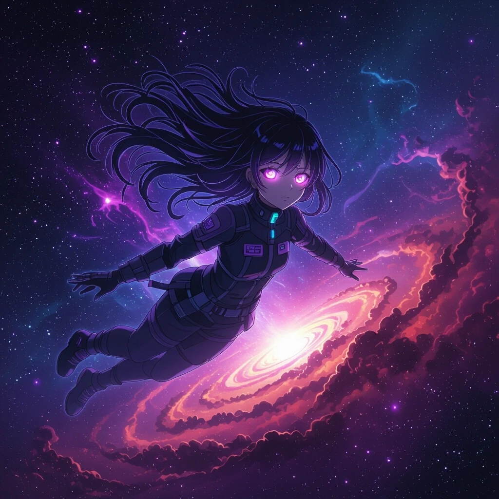 A beautiful space wanderer girl flying through a glowing nebula, long hair floating in zero gravity, glowing eyes. Ethereal light, cosmic energy patterns around her, anime…