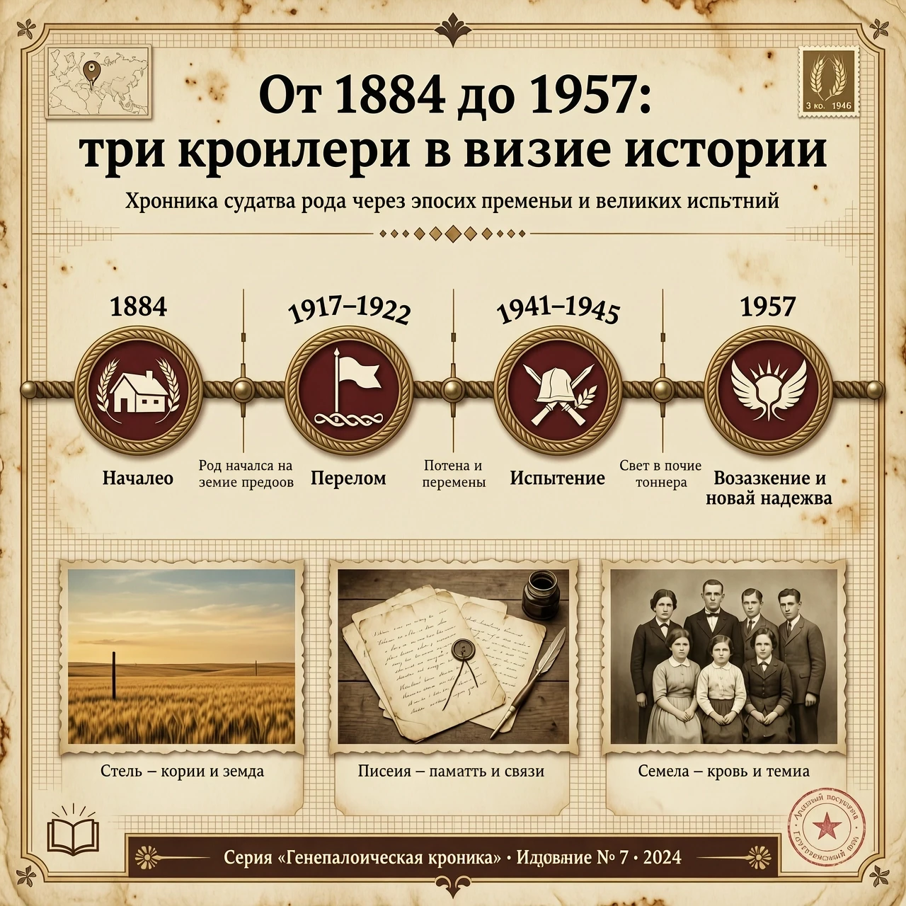 «От 1884 до 1957: три поколения в вихре истории». Инфографика: горизонтальная временная линия с 3–4 ключевыми точками: 1884 — начало истории рода; революция/Гражданская…