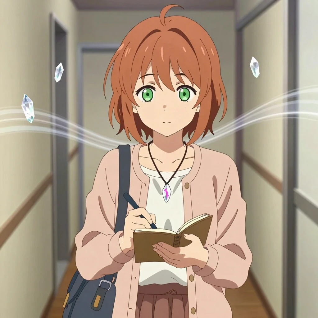 Anime-style portrait, medium close-up, modern Japanese animation style. A young girl with short, slightly tousled chestnut hair and calm green eyes. She’s in a hurry but not…