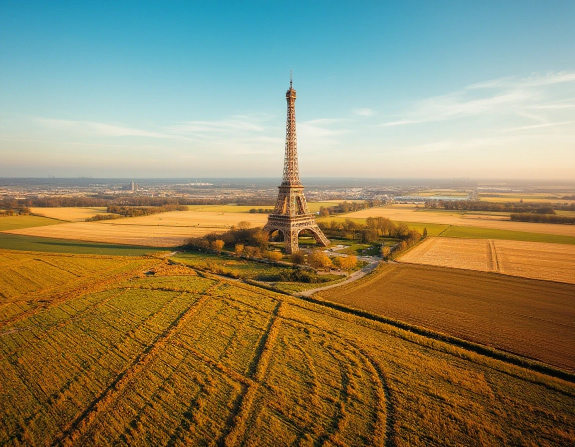 Award-winning professional photo. Isometric view. Expansive fields where cows are grazing; the Eiffel Tower rises up from the field. — работа пользователя Радужный Чародей