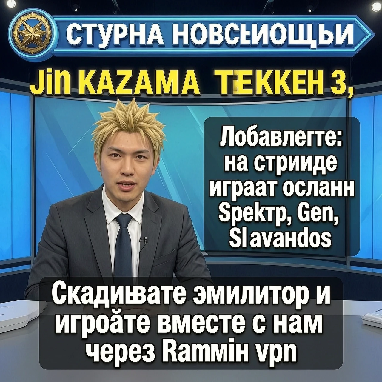 язык текста русский. Студия новостей, Jin Kazama ведет новости Теккен 3, и объявляет, что на стриме сегодня играют онлайн Spektr, Gen, Slavandos. ведущий сообщает: Скачивайте…