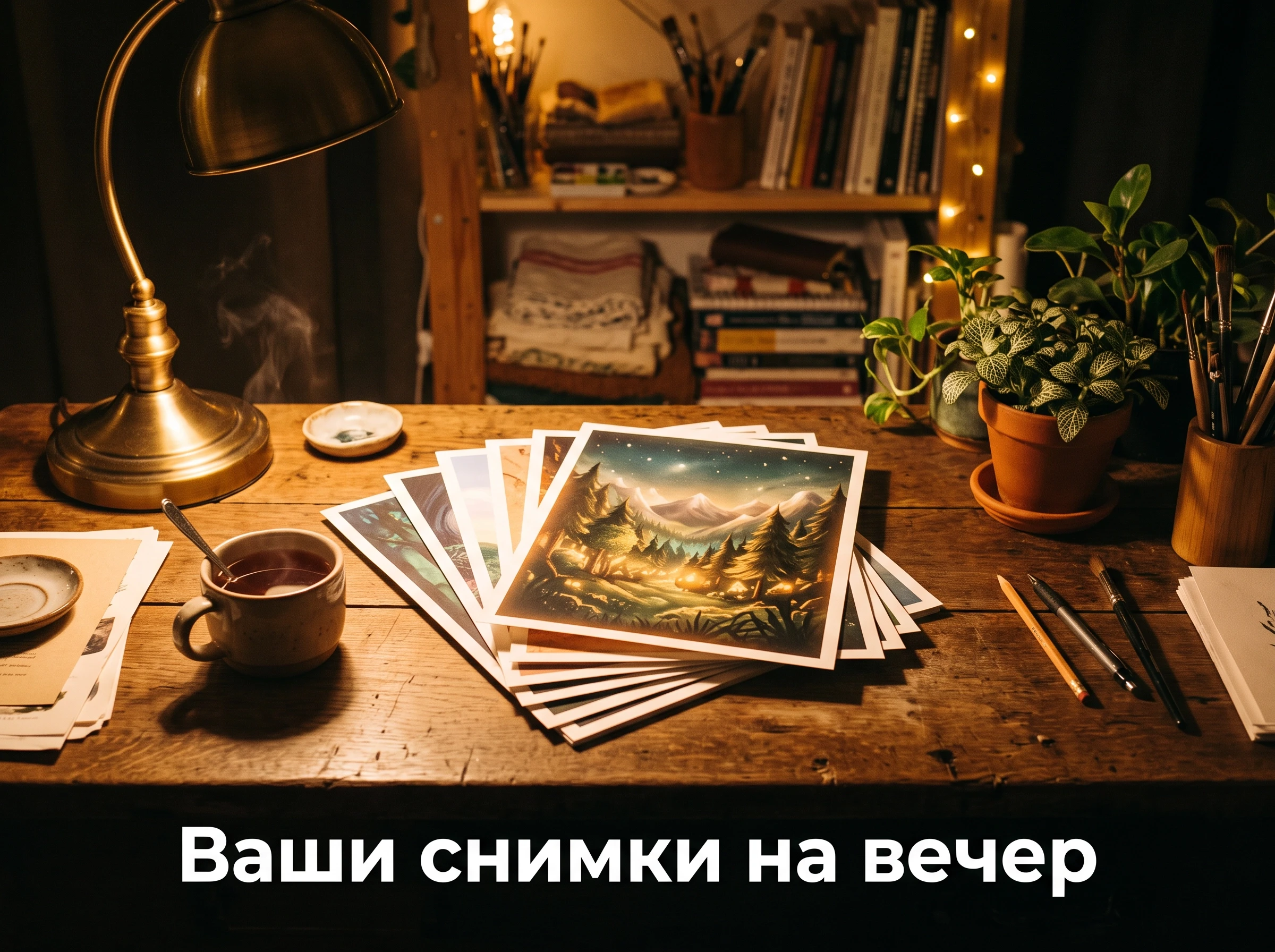 A cozy photograph of an artist's wooden desk at night lit by a warm lamp: a stack of freshly printed art prints fanned out, a cup of tea, a small potted plant. The topmost…