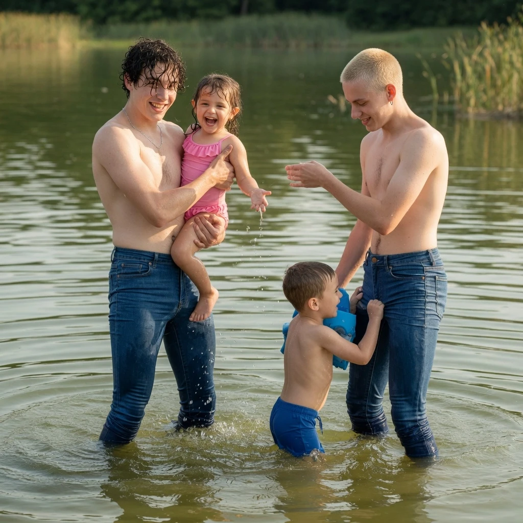18-year-old guys in blue denim high-waisted leggings are standing deep in the water with thier children — работа пользователя Грозовой Химик