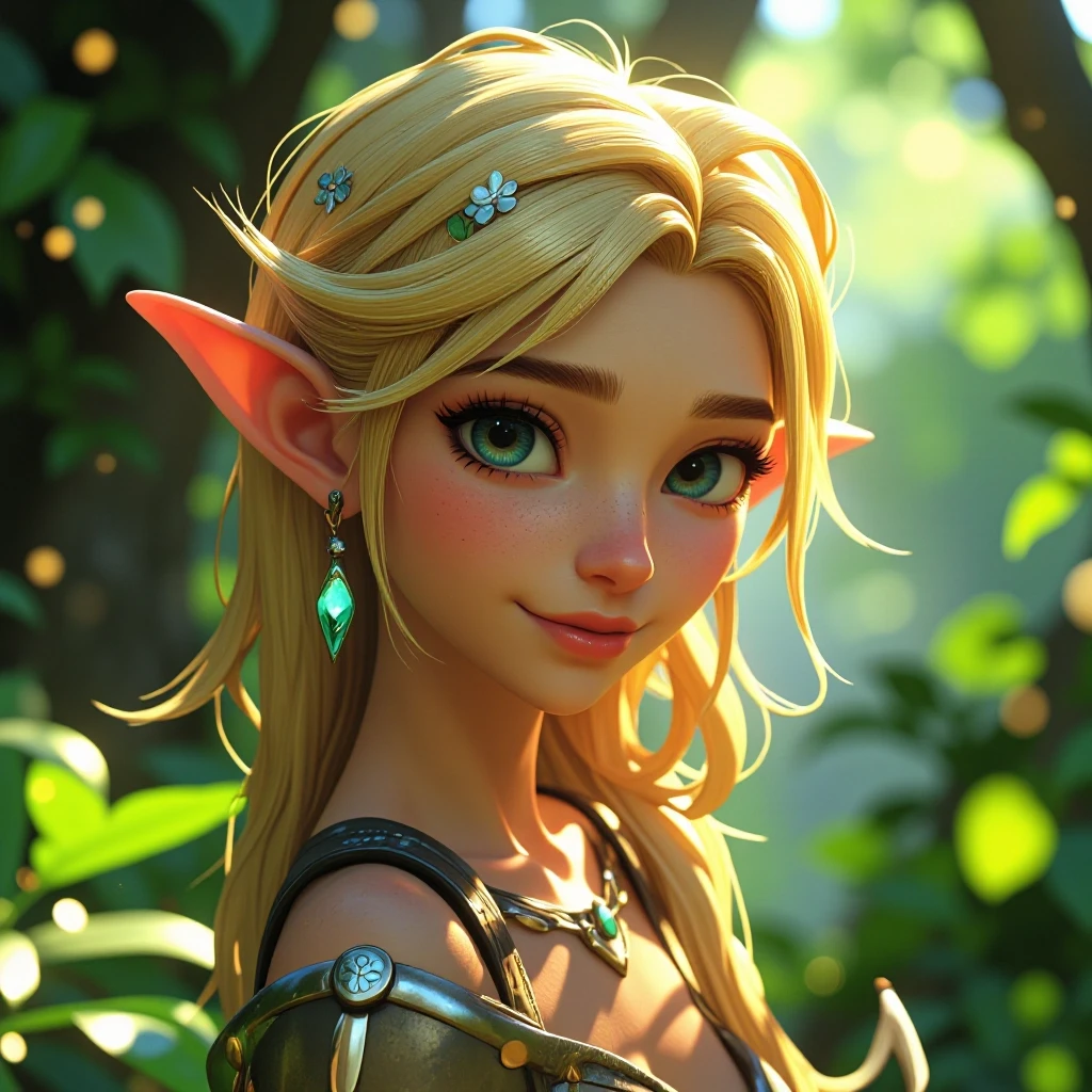 Disney-style 3D animation render of a beautiful young female elf healer, close-up portrait focusing on head and shoulders. She has radiant, glowing blonde hair adorned with…