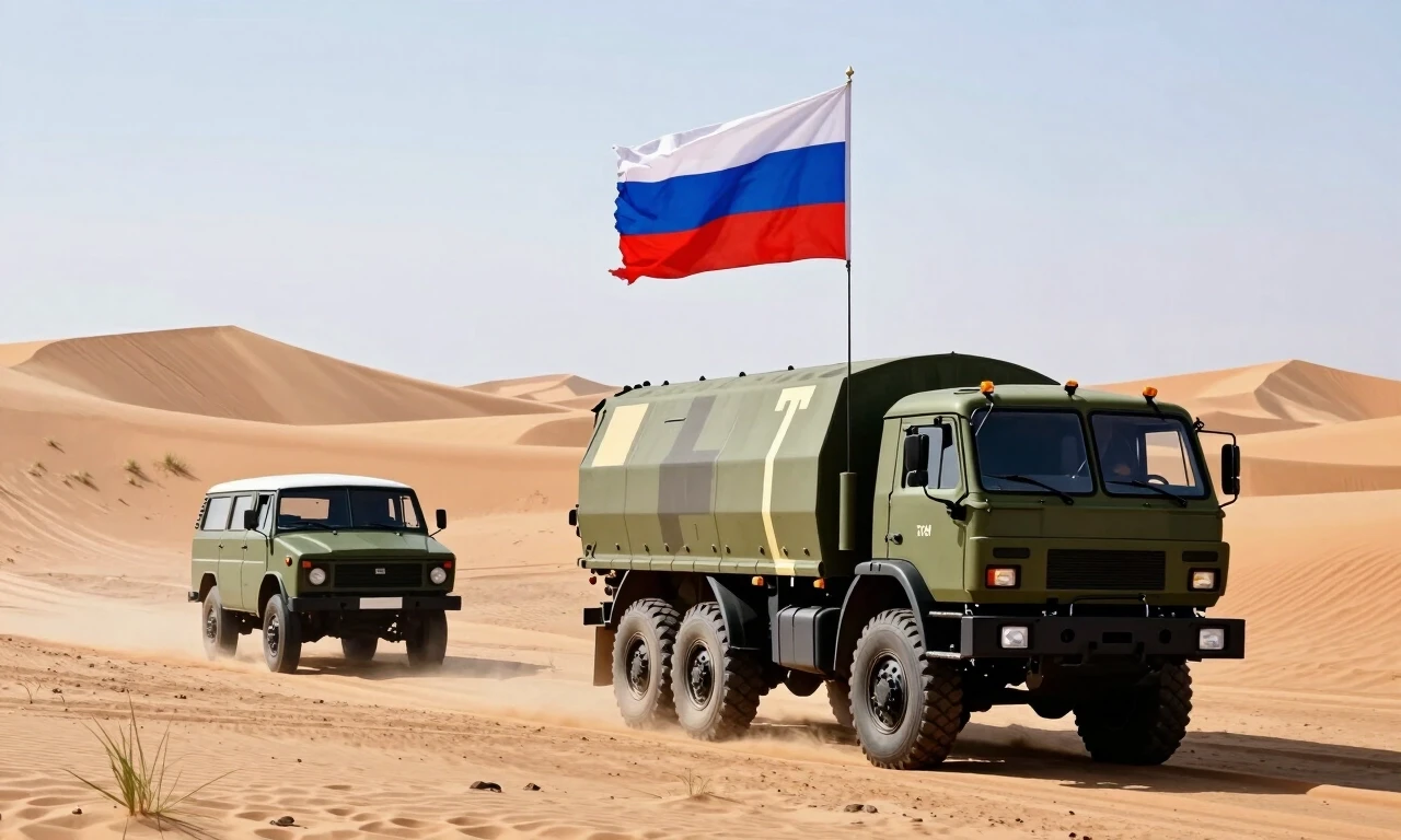 Военный камаз и уазик гонят по барханам, по песку, из камаза поднят российский флаг, — работа пользователя Пылающий Чародей