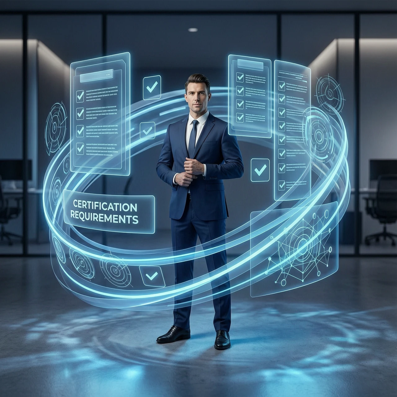 Modern sleek corporate tech aesthetic, cinematic 3D render with high-detail vector art infusion. A central professional character stands in a poised, confident stance,…