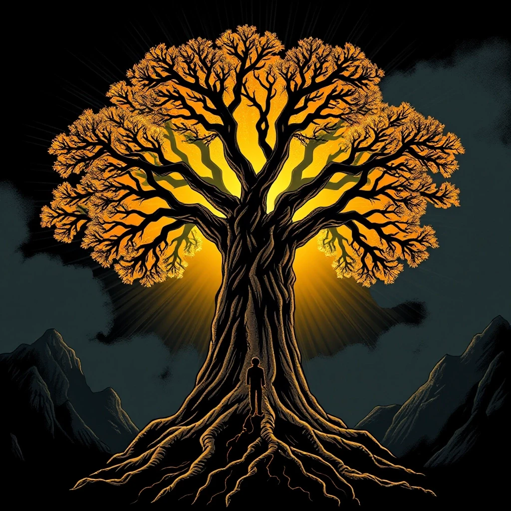 A human silhouette connected to a giant golden tree with roots stretching into darkness, comic book style with cinematic dramatic lighting, dark graphic novel aesthetic, bold…