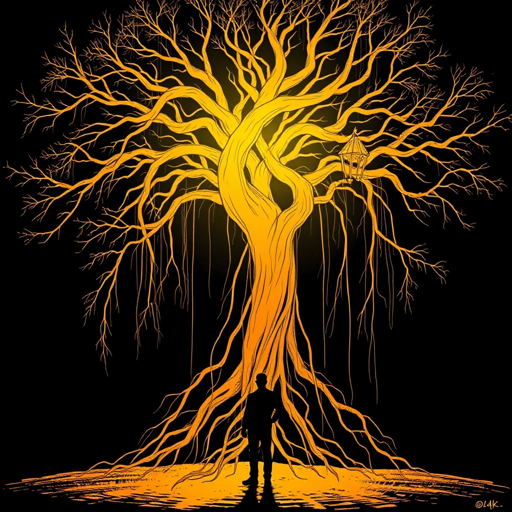 A human silhouette connected to a giant golden tree with roots stretching into darkness, comic book style with cinematic dramatic lighting, dark graphic novel aesthetic, bold…