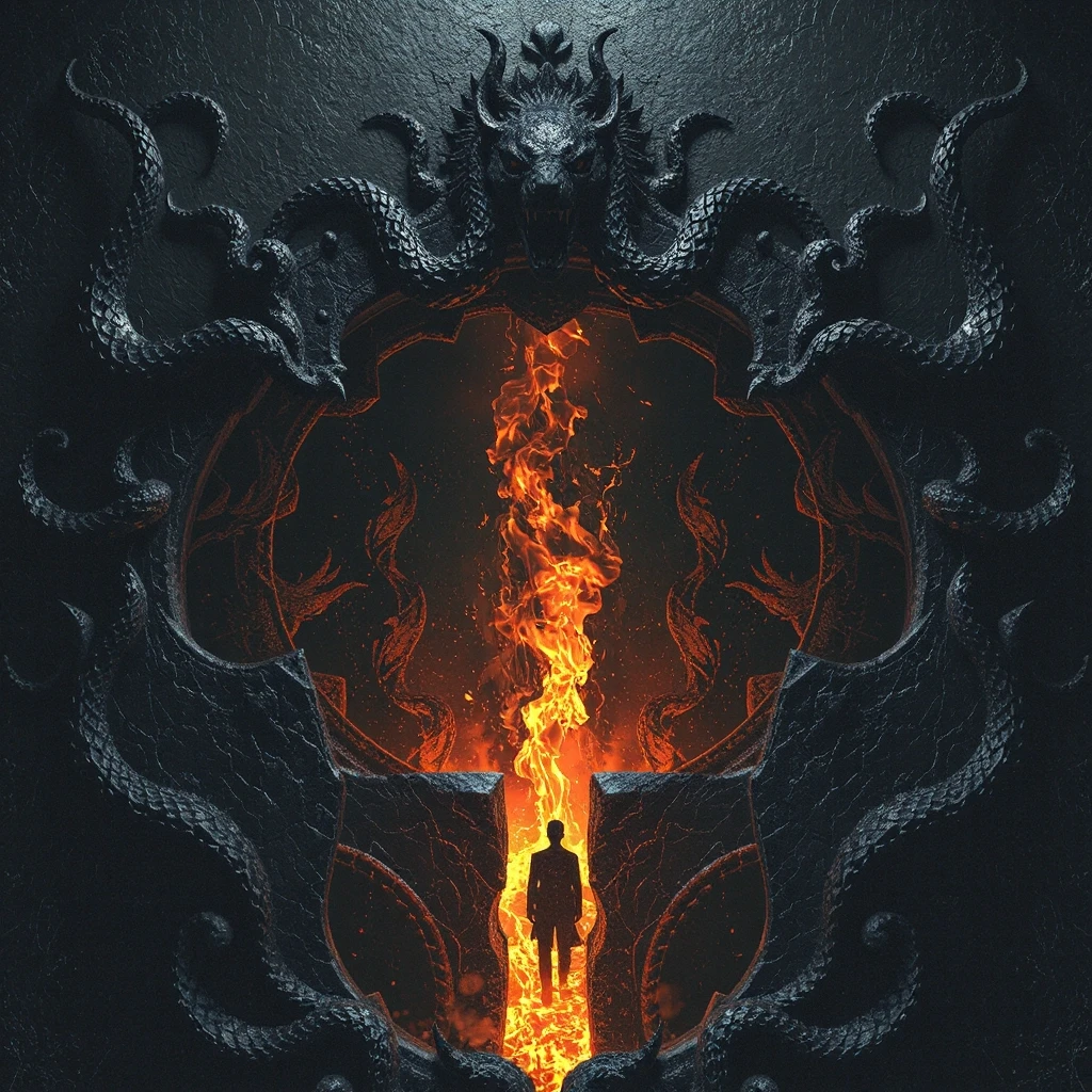 Ethereal dark fantasy concept art of (Masterpiece: 1.6, digital art:1.3, ultra-detailing:1.5). (A cursed portal mirror of Azeron: the frame is forged from blackened, cold iron…