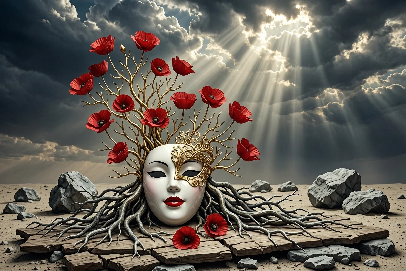 A powerful dark surrealist digital art illustration. In the center, a beautiful porcelain female mask with closed black eyes and vivid red lips rests on a cracked wooden and…