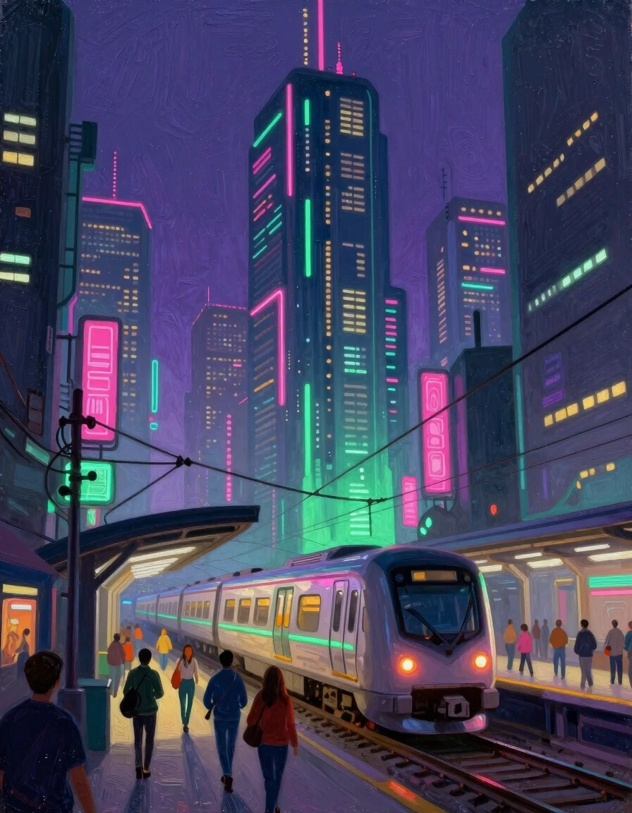 Generate an oil painting in a digital art style. A cyberpunk-style city at night featuring towering skyscrapers, neon signs, and illuminated buildings crisscrossed by a web of…